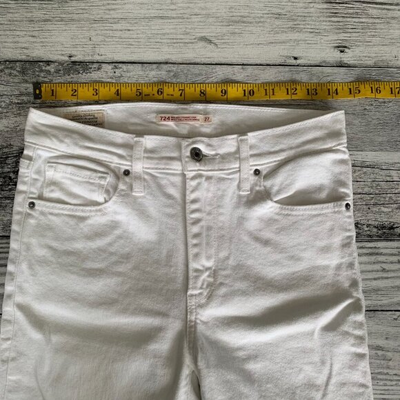Levi’s 724 High Rise Straight Crop Distressed White Denim Raw Hem Jeans - Picture 11 of 16